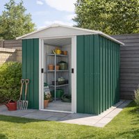 Green metal shed by Yardmaster, 6'8 x 7'2, with white trim, double sliding doors, and interior shelving.