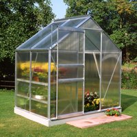 Aluminium frame polycarbonate greenhouse with clear panels and peaked roof, 6'x4' size, set on grass.