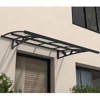 Grey Palram Canopia door canopy with clear panels, arched design, and black metal frame over a beige wall.