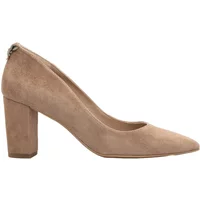 Beige suede 7.5 cm block heel pumps for women by Ryłko, featuring a pointed toe and sleek design.