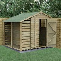 Wooden apex shed with green roof, open door, and side logstore, set on grass with fence backdrop.