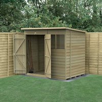 Wooden shed with double doors, overlap panels, pressure-treated timber, and a small window, set in a grassy garden.