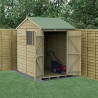 Wooden shed with double doors, reverse apex roof, pressure-treated overlap panels, and a small window, set in a garden.
