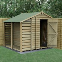 Wooden apex shed with logstore, windowless, overlap pressure-treated panels, green roof, double doors open.