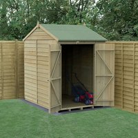Wooden shed with reverse apex roof, double doors open, windowless, overlap panels, green roof, lawnmower inside.