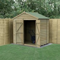 Wooden apex shed, 7'x5', pressure-treated, windowless, double doors open, green roof, surrounded by fencing.
