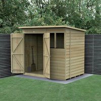 Wooden shiplap shed, 7'x5', with double doors, pressure-treated, flat roof, window, and natural wood finish.