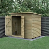 Wooden shiplap shed, 7'x5', windowless, double doors open, pressure-treated, set on grass with dark fence backdrop.