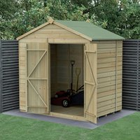 Wooden shed with double doors, shiplap panels, apex roof, windowless design, and pressure-treated timber.