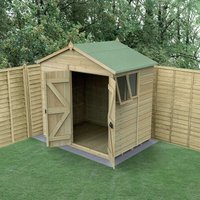 Wooden apex shed with double doors, green roof, and side window, set on grass with fence backdrop.