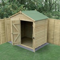 Wooden windowless apex shed with double doors, tongue and groove panels, and green roof, set on grass.