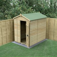 Wooden windowless apex shed with tongue and groove panels, green roof, and single door, set on a concrete base.