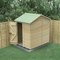 Wooden windowless reverse apex shed with tongue and groove panels, green roof, open door, set on a concrete base.