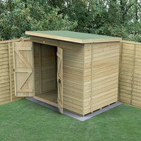 Wooden windowless pent shed, 7'x5', double doors open, tongue and groove panels, green roof, set on grass.