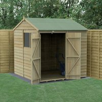 Wooden shed with green roof, double doors open, overlap panels, reverse apex design, set on grass with fence backdrop.