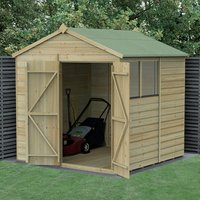 7' x 7' wooden shed with shiplap panels, double doors, apex roof, and window, set on grass with garden tools inside.