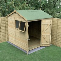 7' x 7' wooden shed with green roof, double doors, and windows, set in a garden with surrounding fence.