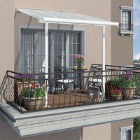 White Palram Canopia patio cover with clear panels, metal frame, and sloped roof over a small balcony with plants.