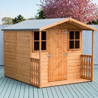 Wooden summerhouse with veranda, natural finish, two front windows, and a peaked roof, set on a deck.