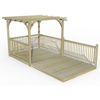 Wooden pergola deck kit with slatted roof, railings, and open sides, measuring 8' x 16' in natural finish.