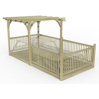 Wooden pergola deck kit with slatted roof, railing, and natural finish, measuring 8' x 16' by Forest Garden.