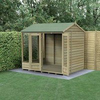 Wooden summer house with double doors, reverse apex roof, and large windows, set on a concrete base in a garden.