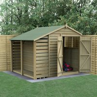 Wooden shed with green apex roof, double doors, and side logstore, set against a wooden fence in a grassy area.