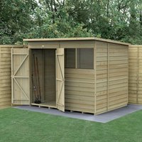 Wooden shed with double doors, overlap panels, pressure-treated timber, and a window, set on a concrete base.