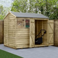 Wooden shed with double doors open, reverse apex roof, pressure-treated overlap panels, and a small window on the side.
