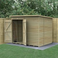 Wooden shed with double doors, windowless, overlap pressure-treated panels, 8' x 6', set on a concrete base.