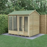 Wooden summer house with double doors, reverse apex roof, large windows, and natural finish, set on a patio.