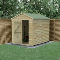 Wooden shiplap apex shed, 8'x6', pressure treated, windowless, green roof, open door showing lawnmower inside.