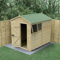 Wooden apex shed with green roof, single door, and two windows, featuring tongue and groove panels on concrete base.
