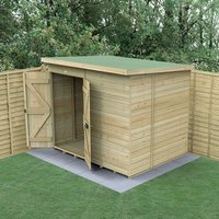 Wooden 8'x6' windowless pent shed, double doors open, tongue and groove panels, green roof, set on grass.