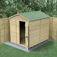 Wooden windowless apex shed with tongue and groove panels, green roof, single door, set on concrete base.