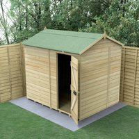 Wooden windowless shed with green roof, double doors, and reverse apex design, set on a concrete base.