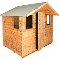 Wooden garden shed with shiplap cladding, two windows, and a single door, featuring a sloped roof.