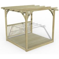Wooden 8' x 8' pergola deck kit with slatted roof and decorative side panel, natural finish by Forest Garden.