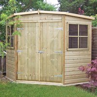 Wooden corner garden shed with double doors, two windows, and a sloped roof, made from pressure-treated timber.