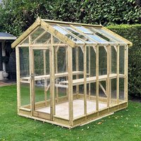Wooden greenhouse with clear glass panels, pitched roof, and natural wood frame, measuring 8'3 x 9'4.