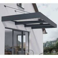 Grey clear door canopy with metal frame and transparent roof panels, mounted above a modern house entry.