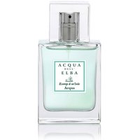 Clear glass bottle with light blue liquid, silver spray cap, and Acqua dell'Elba label for unisex marine perfume.