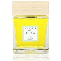 Clear glass bottle with yellow liquid, wooden cap, and Acqua dell'Elba label for Casa dei Mandarini citrus diffuser.
