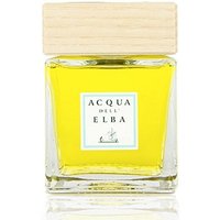Clear glass bottle with yellow liquid, wooden cap, and Acqua dell'Elba label for Casa dei Mandarini Citrus Diffuser.