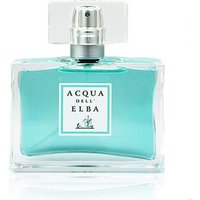 Clear glass bottle with turquoise liquid, silver spray cap, and white label reading "Acqua dell'Elba - Classica Eau de Parfum."