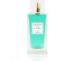 Transparent rectangular bottle with turquoise liquid, gold spray cap, and Acqua dell'Elba label for women's floral perfume.
