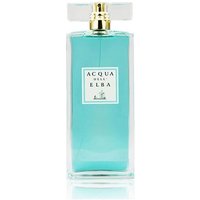 Clear glass bottle with turquoise perfume, gold spray top, and white label reading "Acqua dell'Elba."