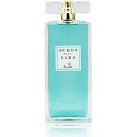 Clear glass bottle with turquoise perfume, white label, and gold-accented cap; Acqua dell'Elba Donna Classica Eau de Parfum.