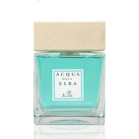 Clear glass bottle with turquoise liquid, beige square cap, and Acqua dell'Elba label, 500 ml marine diffuser.