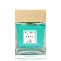 Square glass bottle with turquoise liquid, wooden cap, and Acqua dell'Elba label for marine diffuser.